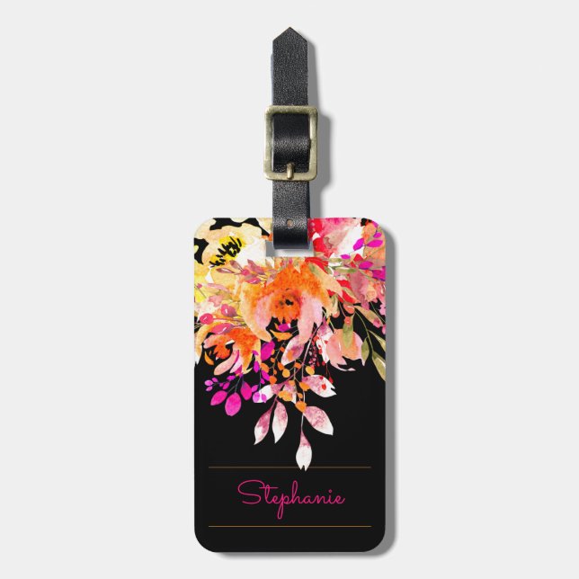 Colorful Bright Pink, Orange Watercolor Floral  Luggage Tag (Front Vertical)