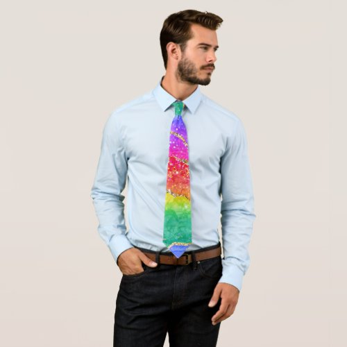 Colorful Bright Rainbow Glitter Gold Agate Neck Tie