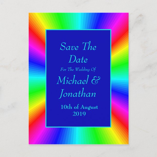 Colorful Bright Rainbow Wedding Save The Date Announcement Postcard (Front)