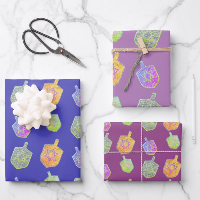 Colorful Bright Spinning Dreidels Purple Hanukkah Wrapping Paper Sheets (Front)