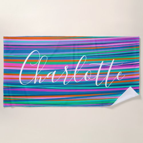 Colorful Bright Vibrant Stripes Personalized Name Beach Towel