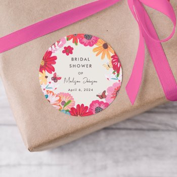Colorful Bright Wildflower Bridal Shower Classic Round Sticker by CartitaDesign at Zazzle