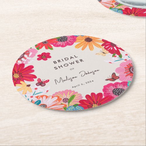 Colorful Bright Wildflower Bridal Shower Round Paper Coaster