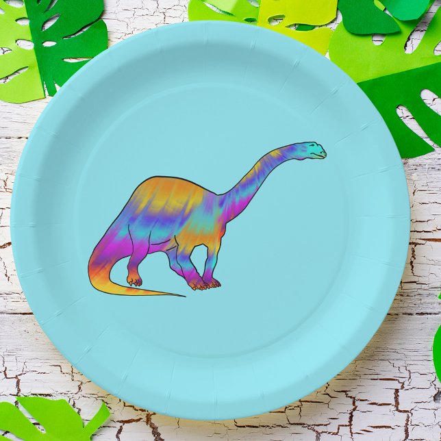 Colorful Brontosaurus Psychedelic Dinosaur Art Paper Plates (Colorful dinosaur brontosaurus paper plate)