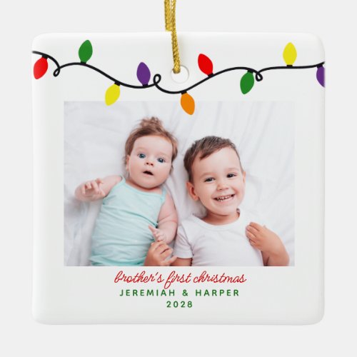 Colorful Brothers First Christmas Lights 2 Photos Ceramic Ornament