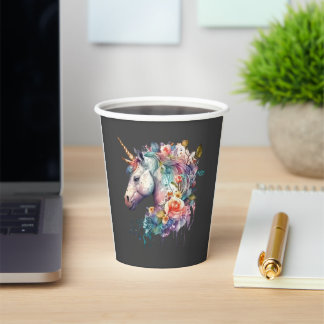 Colorful Brown Background Floral Unicorn Paper Cups