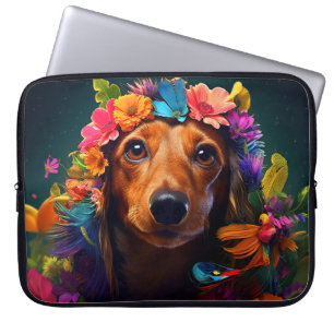 Colorful Brown Dog with Floral Wreath Laptop Sleeve