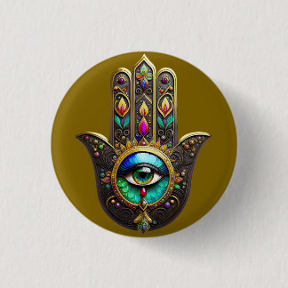 Colorful Brown Gold Hamsa Rainbow Color Third Eye Button