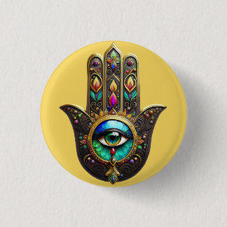 Colorful Brown Gold Hamsa Rainbow Color Third Eye Button