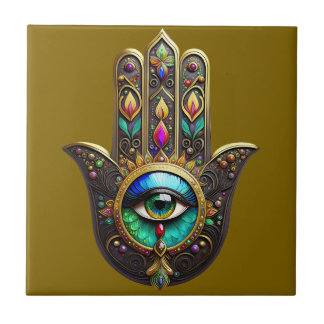 Colorful Brown Gold Hamsa Rainbow Color Third Eye Ceramic Tile