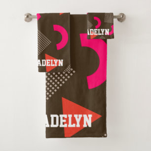 Colorful Brown Orange Geometric Personalized Name  Bath Towel Set