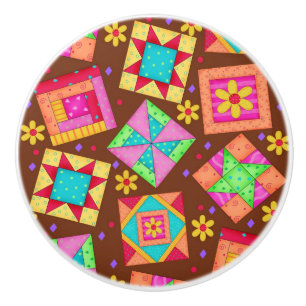 Colorful Brown Quilt Patchwork Block Art Ceramic Knob
