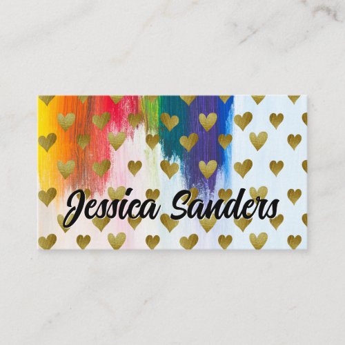 Colorful  Brush Strokes  Gold Hearts Pattern Business Card