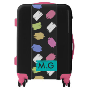 Colorful Brush Strokes on Black Pattern Monogram Luggage