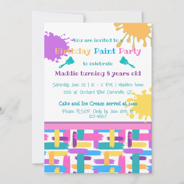 Colorful Brush Strokes paint party invitations (Front)