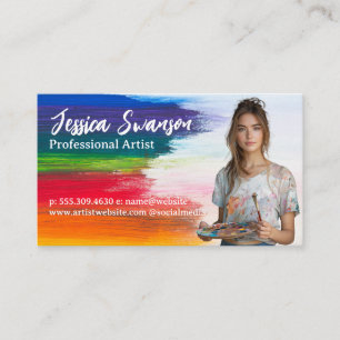 Colorful Brush Strokes Young Woman Artist Business Card