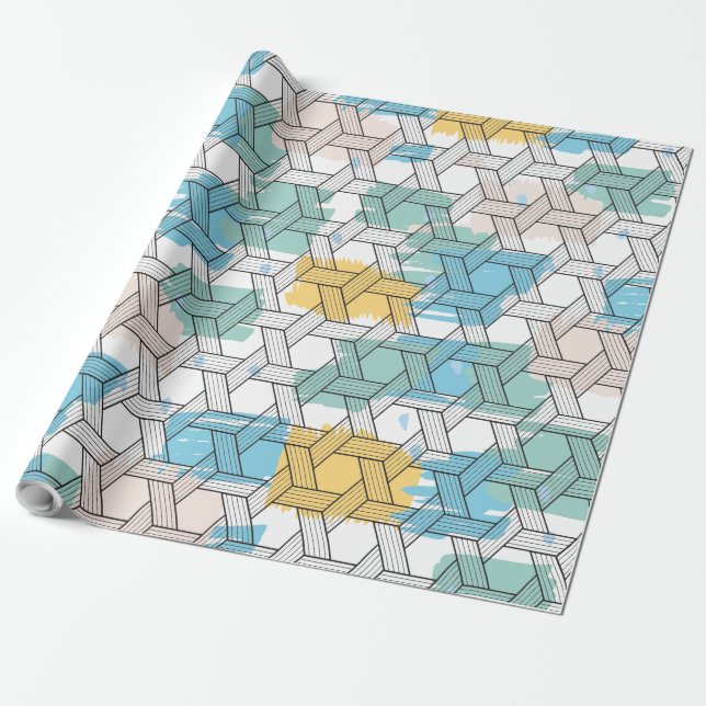 Colorful brushstrokes black geometric pattern over wrapping paper (Unrolled)