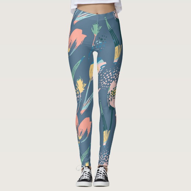 Colorful brushstrokes modern flowers pattern leggings (Front)