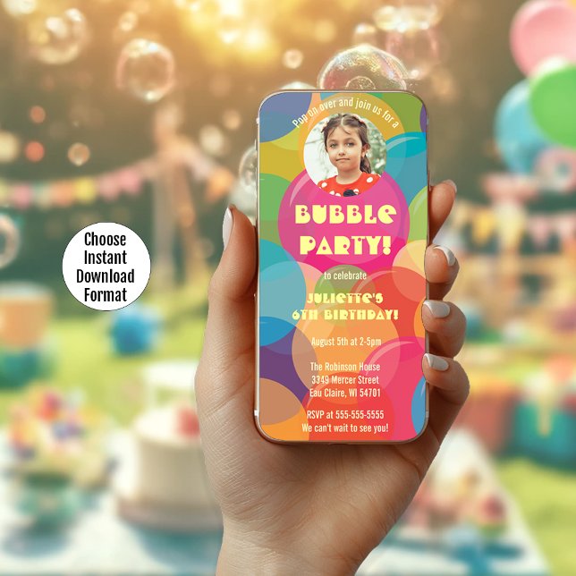 Colorful Bubble Party Photo Digital Invitation (Choose Instant Download Format in Drop Down Menu)