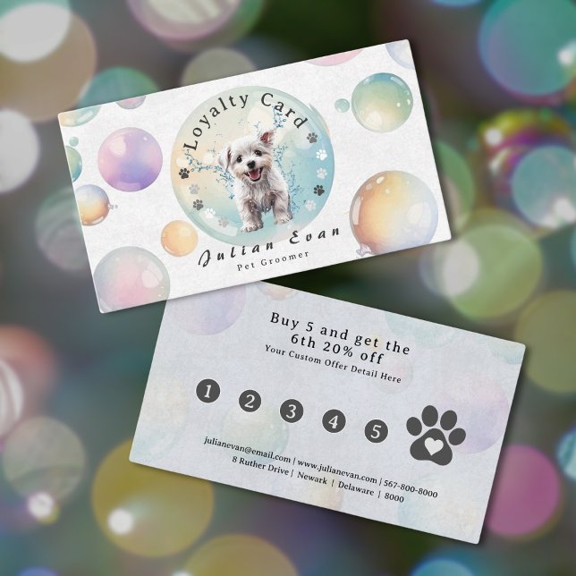 Colorful Bubble Suds Watercolor Puppy Dog Groomer Loyalty Card (Creator Uploaded)