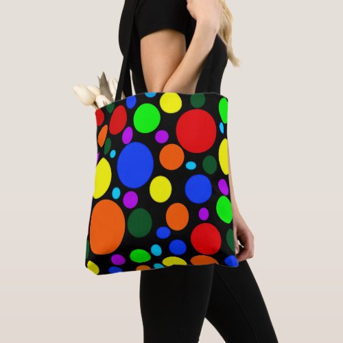 Colorful bubbles on black tote bag