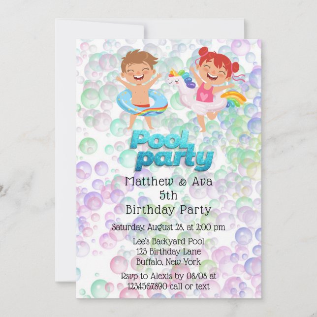 Colorful Bubbles Pool Party Birthday Party Twins Invitation (Front)