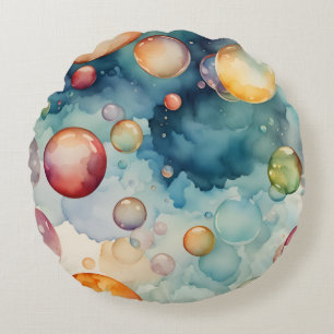Colorful Bubbles Watercolor Art Round Pillow