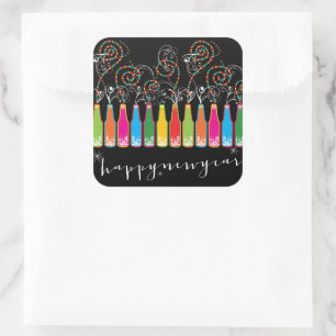 Colorful Bubbly Bottles Modern Cheers Fun New Year Square Sticker