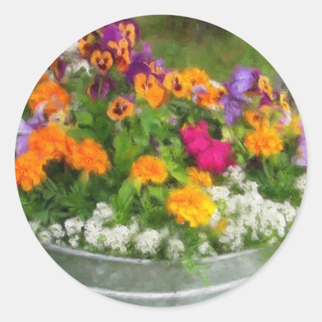 Colorful Bucket of Flowers Classic Round Sticker (Front)