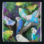 Colorful Budgerigar Parrots in Ferns Bandana<br><div class="desc">Original fine art design of colorful budgie or Budgerigar parrots in ferns by artist Carolyn McFann of Two Purring Cats Studio printed on a quality bandana for parrot lovers.</div>