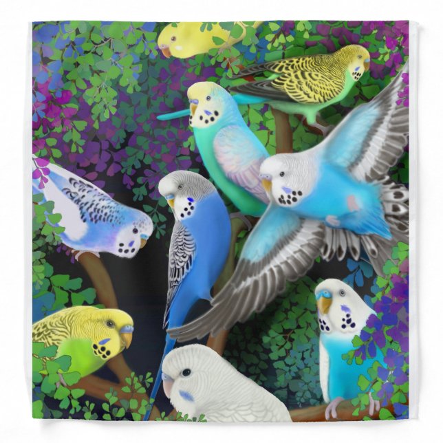 Colorful Budgerigar Parrots in Ferns Bandana (Front)