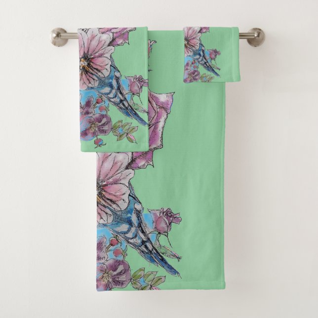 Colorful Budgie Budgerigar Rose GreenTowel Set (Insitu)