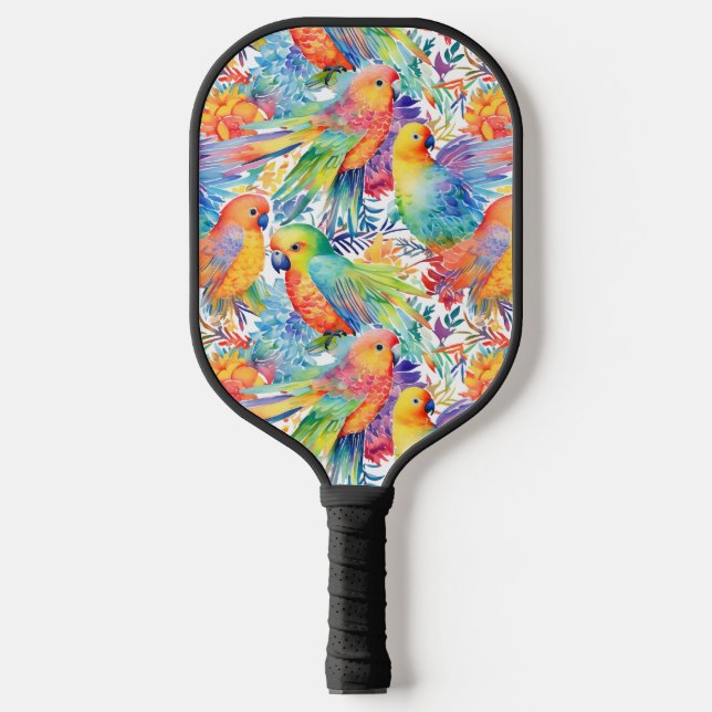 Colorful budgies pattern pickleball paddle (Front)