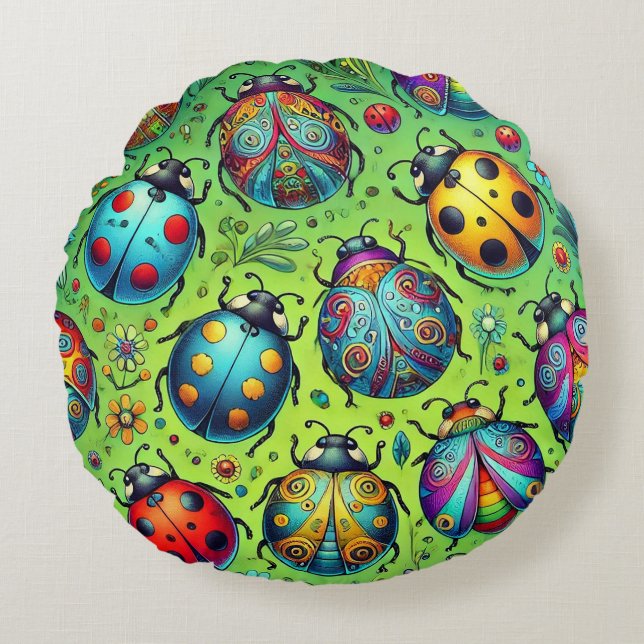 Colorful bugs round pillow (Front)