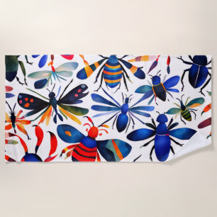 Colorful Bugs Whimsical watercolor Insects Art Beach Towel