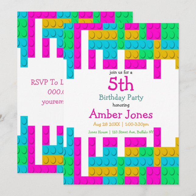 Colorful Building Block Girl Birthday Party Invite (Front/Back)