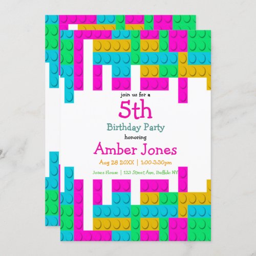 Colorful Building Block Girl Birthday Party Invite
