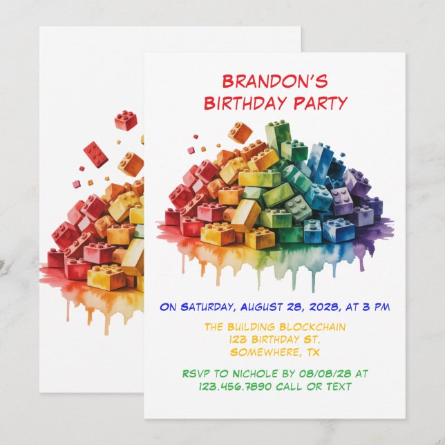 Colorful Building Blocks Boy Birthday Party  Invitation (Front/Back)