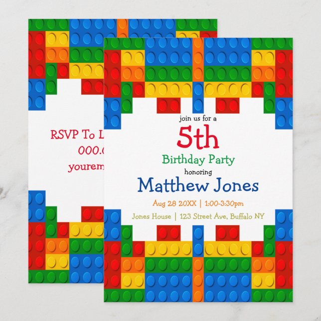 Colorful Building Blocks Boy Birthday Party Invite (Front/Back)