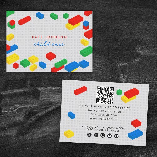 Colorful Building Blocks Child Care QR Code  Business Card