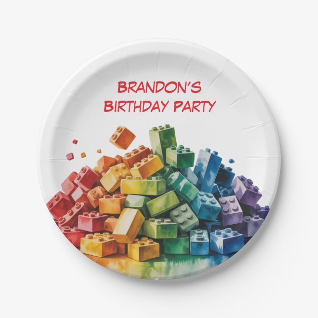 Colorful Building Blocks Explosion Birthday Party Paper Plates (Front)