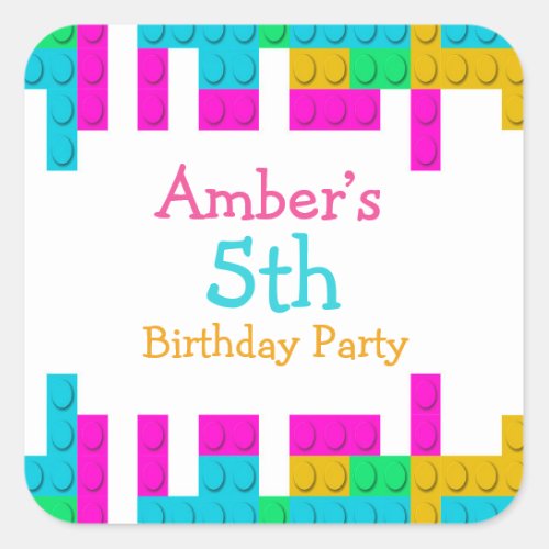 Colorful Building Blocks Girl Birthday Party Square Sticker