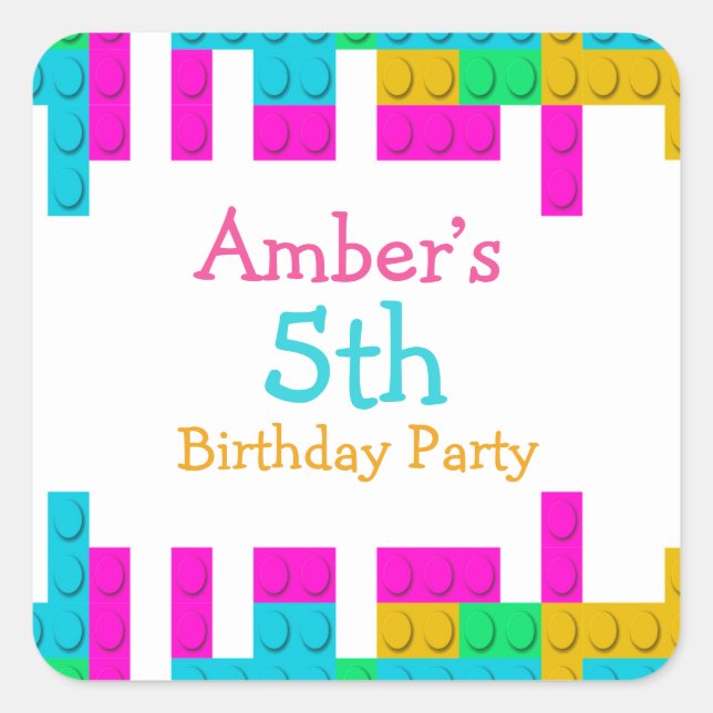 Colorful Building Blocks Girl Birthday Party Square Sticker (Front)