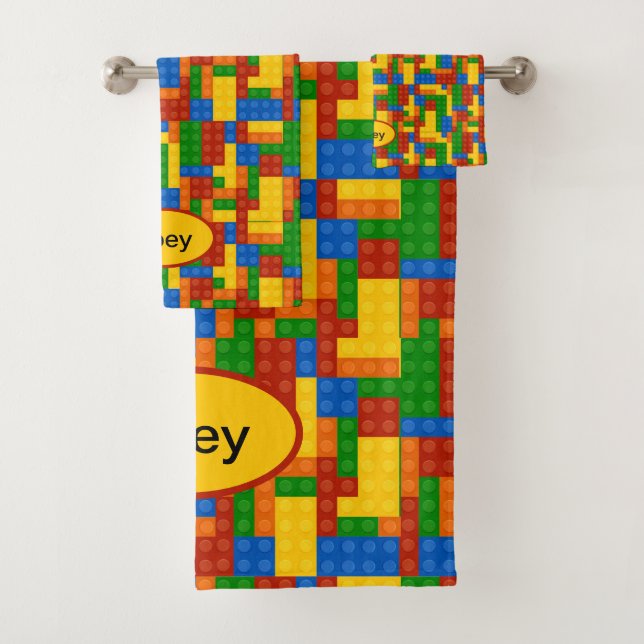 Colorful Building Bricks Kids Personalized Bath Towel Set (Insitu)
