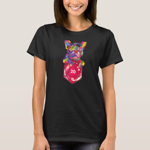 Colorful Bulldog Holding A D20 Role Playing Game D T_Shirt