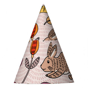 Colorful Bunnies: Cute Floral Vintage. Party Hat