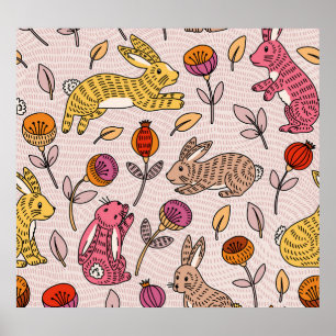 Colorful Bunnies: Cute Floral Vintage. Poster