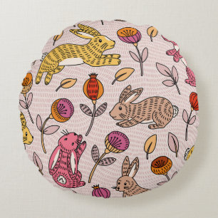 Colorful Bunnies: Cute Floral Vintage. Round Pillow