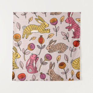 Colorful Bunnies: Cute Floral Vintage. Tapestry