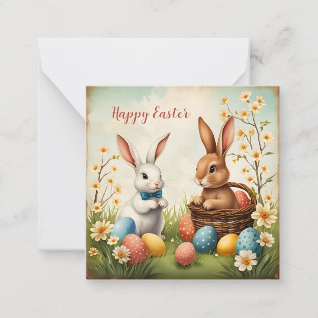 Colorful Bunnies Easter Eggs & Flowers Note Card (Front)
